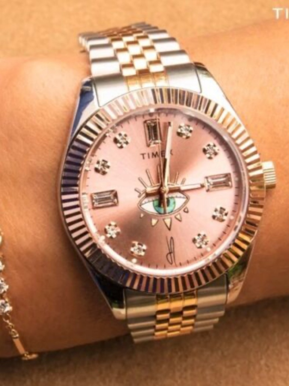 RARE - Timex + Jacquie Aiche Pink Sunray Dial Tribe Eye Stainless Steel Watch